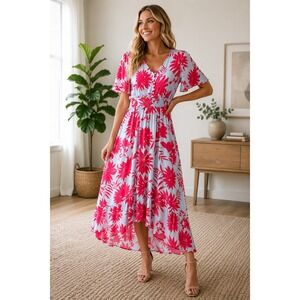 Abel The Label Blue Red Tropical Leaf Smocked High Low Maxi Dress sz S